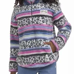 Hurley girls Sherpa printed quarter zip jacket multicolor leopard print m 7/8
